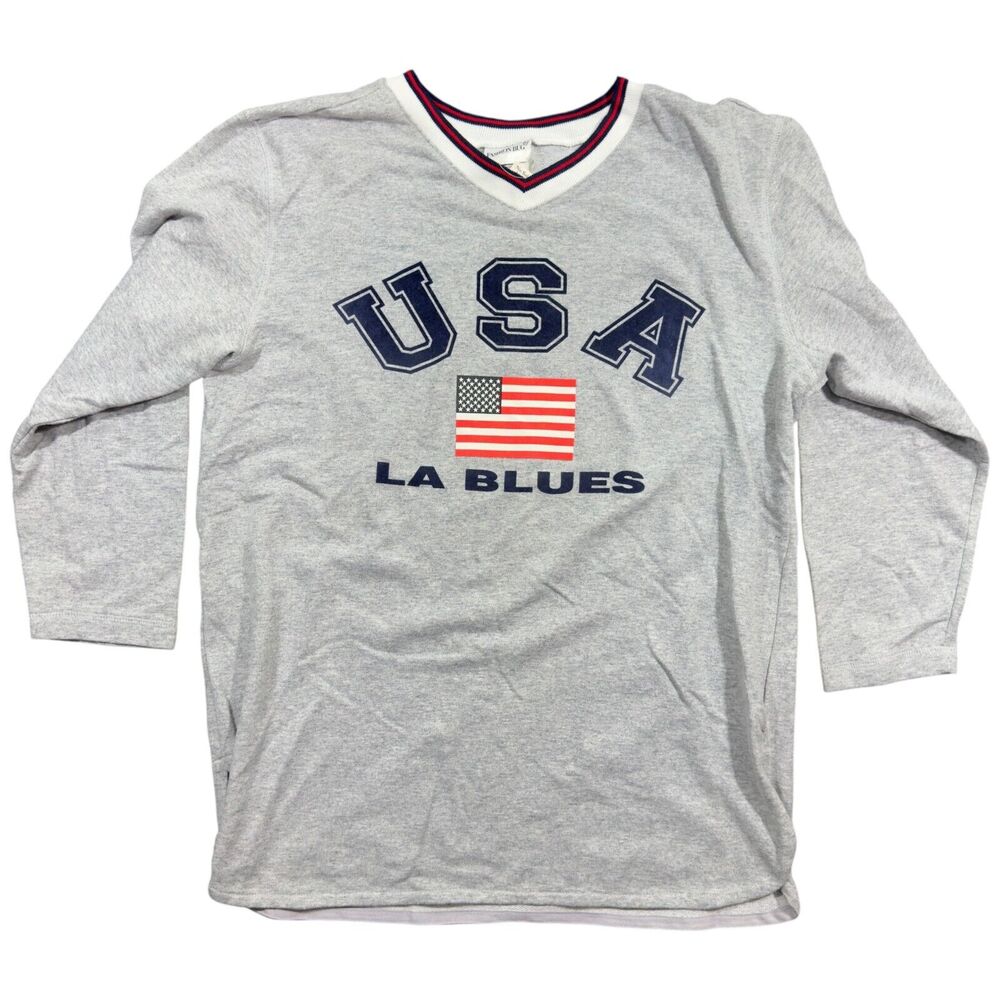 Fashion Bug Sweatshirt Mens XL Gray 3/4 Sleeve USA Flag LA Blues V-Neck Pullover